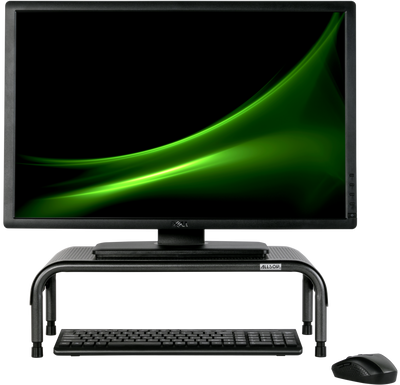 Studio image Allsop Ergo 3 Adjustable Height Monitor Stand with monitor keyboard and mouse