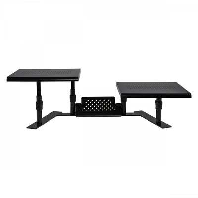 Studio image ErgoTwin Dual Monitor Stand showing different heights