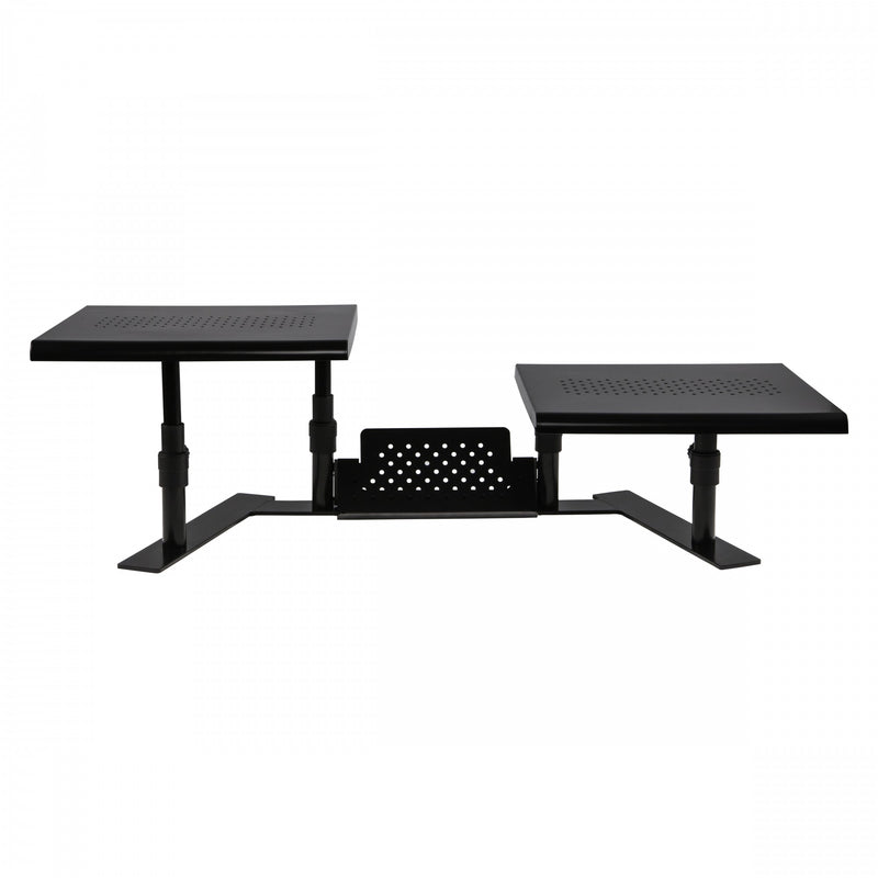 Studio image ErgoTwin Dual Monitor Stand showing different heights