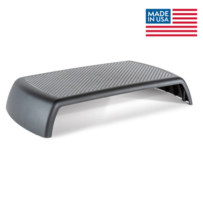 Studio image Ergoriser monitor stand with USA flag symbol in corner of image