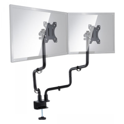 Studio image Metal Art Dual Monitor arms showing mounting plates