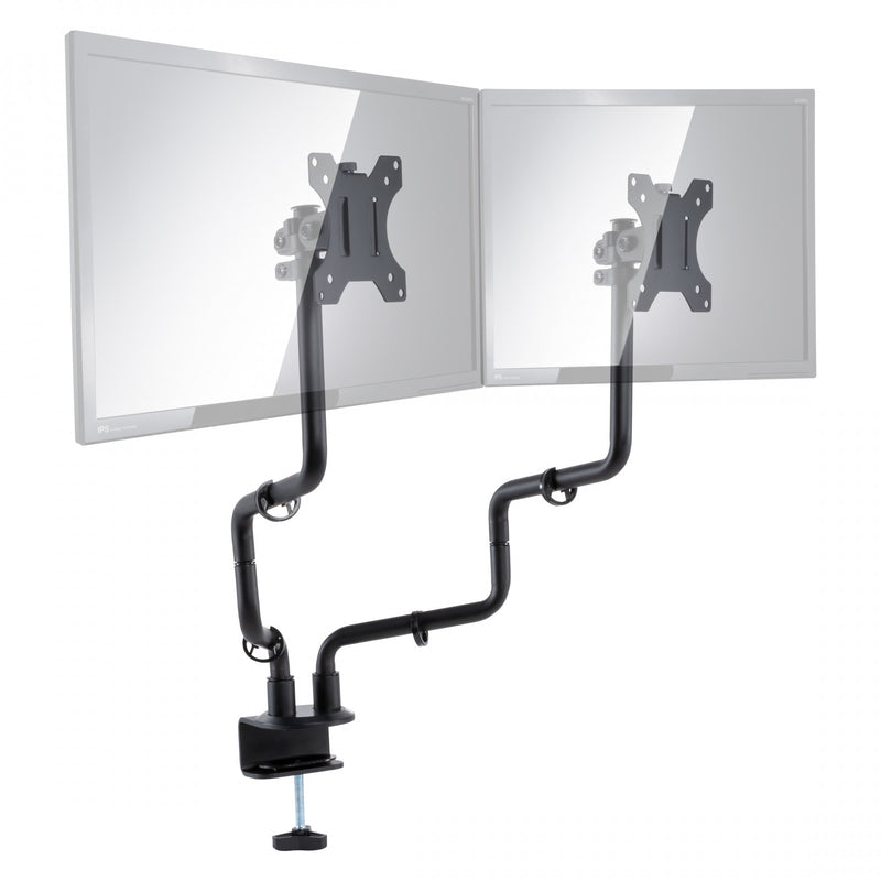 Studio image Metal Art Dual Monitor arms showing mounting plates